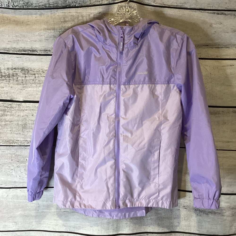 Eddie Bauer Girls Lavender Purple Raincoat Full Zip Lightweight Hooded 2 Pockets